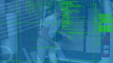 Kamyonetinde posta kutularını istifleyen Kafkas kurye hakkında istatistiksel veri işleme. lojistik ve ulaşım sektörü kavramı