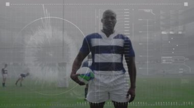 Spor stadyumundaki veri işleme ve ragbi oyuncularının animasyonu. küresel spor ve yarışma konsepti dijital olarak oluşturulmuş video.