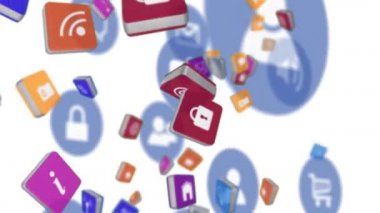 Beyaz arkaplanda yüzen dijital simgelerin animasyonu. küresel çevrimiçi dijital arayüz, iletişim ve arayüz kavramı dijital olarak oluşturulmuş video.