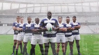 Stadyumda oynanan maçta erkek rugby oyuncularının üzerindeki beneklerin canlandırılması. spor ve yarışma konsepti dijital olarak oluşturulmuş video.