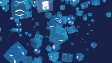 Mavi arkaplanda yüzen dijital simgelerin animasyonu. küresel çevrimiçi dijital arayüz, iletişim ve arayüz kavramı dijital olarak oluşturulmuş video.