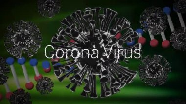 Coronavirus metni çoklu covid-19 hücreleri üzerinden yeşil arkaplanda dönen DNA yapısına karşı. Coronavirus covid-19 salgın konsepti