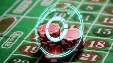 Konfeti animasyonu, güvertede oyun fişleri ile birlikte tarama. Kumar, kazanma ve kumarhane konsepti dijital olarak üretilen video.