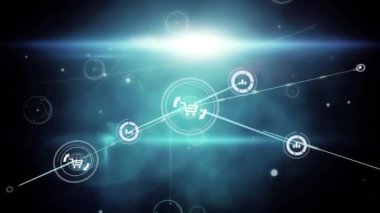 Siyah arkaplan üzerindeki simgelerle bağlantı ağlarının animasyonu. küresel bağlantılar, dijital arayüz, dijital olarak oluşturulan veri işleme konsepti.