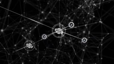 Siyah arkaplan üzerindeki simgelerle bağlantı ağlarının animasyonu. küresel bağlantılar, dijital arayüz, dijital olarak oluşturulan veri işleme konsepti.