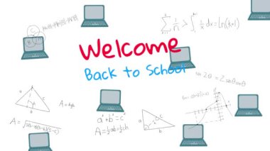 Beyaz arka plandaki okul eşyaları simgeleri üzerinden okula tekrar hoş geldin metni animasyonu. okul, eğitim ve öğrenim konsepti dijital olarak oluşturulmuş video.