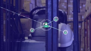 Depodaki forklift makinesine karşı profil simgeleri ağı. lojistik ve ulaşım sektörü kavramı