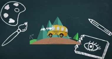 Okul servisi simgesinin üzerinde mavi arka planda çoklu sanat konsepti simgelerinin dijital animasyonu. Okula ve eğitim konseptine dönüş