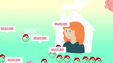 Çoklu çoklu sayılar covid-19 'un üzerinde ve evdeki kadın yeşil eğimli arka planda ikonlar. Coronavirus covid-19 salgın konsepti