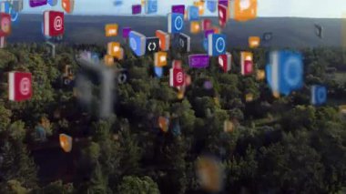 Manzara üzerinde yüzen dijital simgelerin animasyonu. küresel çevrimiçi dijital arayüz, iletişim ve arayüz kavramı dijital olarak oluşturulmuş video.