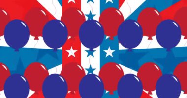 Amerikan bayrağı üzerinde kırmızı ve mavi balon animasyonu. Vatanseverlik ve kutlama konsepti dijital olarak oluşturulmuş video.