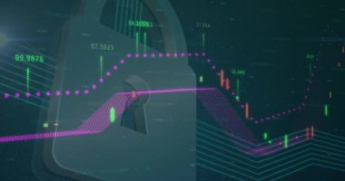 Çevrimiçi güvenlik asma kilit mavi arka plan üzerinden istatistik ve veri işleme animasyonu. küresel iş, dijital arayüz ve teknoloji konsepti dijital olarak oluşturulmuş video.