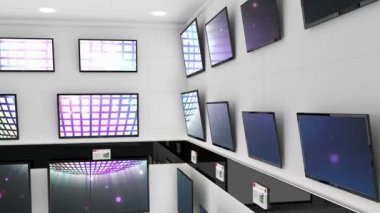 Elektronik mağazasının içinde senkronize video birden fazla televizyon ekranında oynuyor. elektronik ve perakende ticaret teknolojisi kavramı