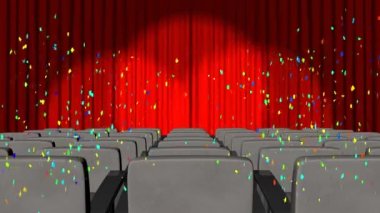 Konfetilerin düşüşünün animasyonu ve sinemada kırmızı perdeler açık. Sinema, parti ve kutlama konsepti dijital olarak oluşturuldu.