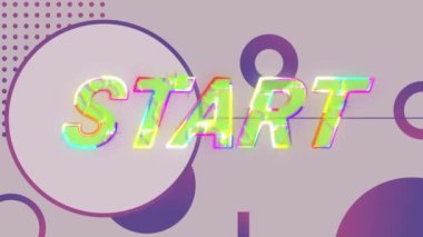 Gri arkaplandaki soyut mor şekillere karşı başlangıç metni üzerinde elektrik etkisi. Video oyunu arayüzü ve teknoloji kavramı