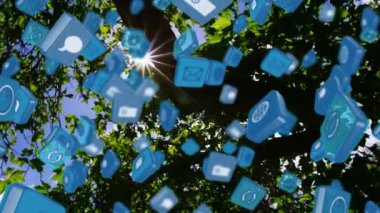 Siyah arkaplanda yüzen dijital simgelerin animasyonu. küresel çevrimiçi dijital arayüz, iletişim ve arayüz kavramı dijital olarak oluşturulmuş video.