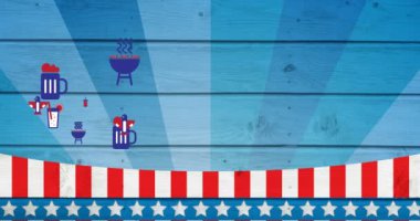 Amerikan bayrağında yıldızların ve şeritlerin arka planında renkli simgelerin canlandırılması. Vatanseverlik ve kutlama konsepti dijital olarak oluşturulmuş video.