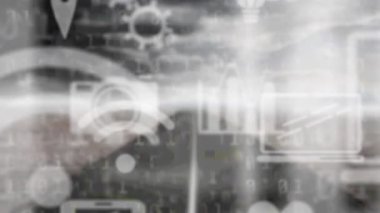 Manzara üzerinde yüzen dijital simgelerin animasyonu. küresel çevrimiçi dijital arayüz, iletişim ve arayüz kavramı dijital olarak oluşturulmuş video.