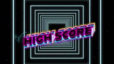 Neon yüksek skorlu metin, siyah arkaplandaki kusursuz hareketle neon karelere gölge etkisi yapıyor. Video oyunu arayüzü ve teknoloji kavramı