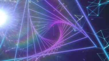 Mavi arka planda dönen mor parlak neon tünelin animasyonu. renk, ışık ve hareket konsepti dijital olarak oluşturulmuş video.