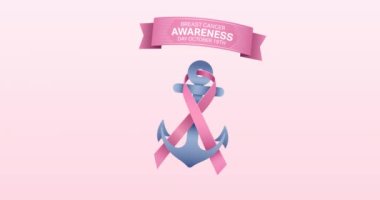 Pembe arka planda beliren pembe kurdele logosu ve göğüs kanseri metninin animasyonu. Göğüs kanseri pozitif farkındalık kampanyası konsepti dijital olarak üretildi.