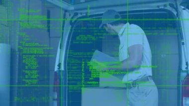 Kargo aracıyla teslimatçı üzerinde veri işleme animasyonu. küresel sevkiyat, dağıtım ve bağlantılar konsepti dijital olarak oluşturulmuş video.
