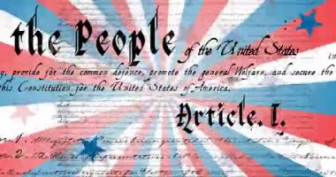Amerikan bayrak yıldızı ve şerit elementleri üzerine Amerikan anayasasının animasyonu metni. Vatanseverlik, bağımsızlık ve kutlama konsepti dijital olarak oluşturulmuş video.