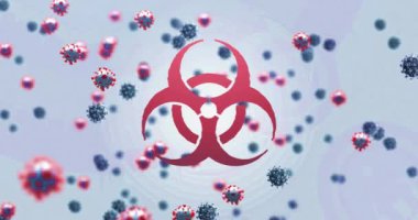 Gri arkaplanda biyolojik tehlike sembolüne karşı yüzen çoklu covid-19 hücrelerinin dijital animasyonu. Coronavirus covid-19 salgın konsepti