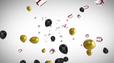 Beyaz arka planda balonların ve hediyelerin canlandırılması. doğum günü partisi ve kutlama konsepti dijital olarak oluşturulmuş video.