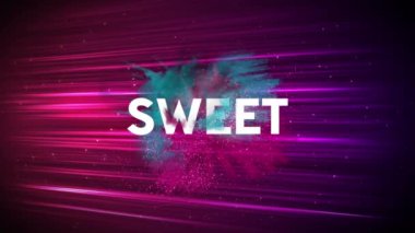 Pembe ışıkların üzerinde tatlı metin animasyonu ve koyu arkaplanda renkli bulutlar. Sosyal medya ve iletişim konsepti dijital olarak oluşturulmuş video.