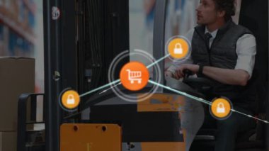 Depoda çalışan adamın üzerindeki simgelerle bağlantı ağının animasyonu. küresel sevkiyat, dağıtım ve bağlantılar konsepti dijital olarak oluşturulmuş video.