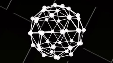 Siyah arkaplanda beyaz çizgiler üzerinde dönen bağlantı ağının dijital animasyonu. küresel ağ ve teknoloji kavramı