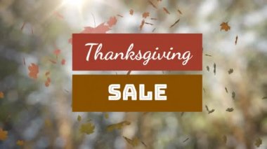 Uzun ağaçlara düşen sonbahar akçaağaç yaprakları üzerinde şükran günü indirimi afişi. İndirim ve Şükran Günü kutlaması konsepti