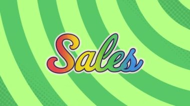 Satış metninin üzerindeki gökkuşağı efektinin dijital animasyonu yeşil radyal arka planda. satış indirimi ve perakende iş konsepti