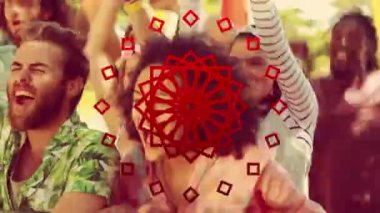 Dışarıda dans eden mutlu insanların üzerindeki kırmızı desenlerin animasyonu. parti ve eğlence konsepti dijital olarak oluşturulmuş video.