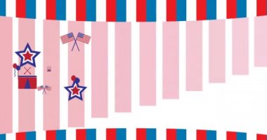 Amerikan bayrağı üzerinde hareket eden balon, yıldız ve şapkaların animasyonu. Vatanseverlik ve kutlama konsepti dijital olarak oluşturulmuş video.