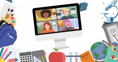 Beyaz arkaplanda hareket eden okul ögeleri simgelerinin canlandırılması. okul, eğitim ve öğrenim konsepti dijital olarak oluşturulmuş video.