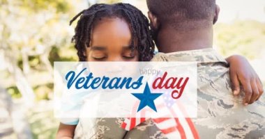 Mutlu gaziler günü animasyonu erkek askerin oğlunu kucaklaması üzerine yazılmış bir metin. Asker, dijital olarak üretilen video konseptine dönüyor..