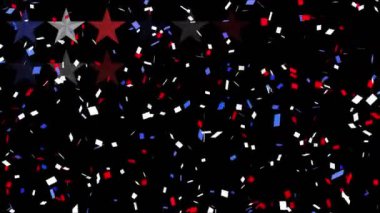 Kırmızı ve mavi konfetilerin düşüşünün ve siyah arka planda yıldızların canlandırılması. Vatanseverlik ve kutlama konsepti dijital olarak oluşturulmuş video.