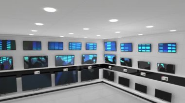 Elektronik mağazasının içinde senkronize video birden fazla televizyon ekranında oynuyor. elektronik ve perakende ticaret teknolojisi kavramı