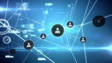 Siyah arkaplan üzerindeki simgelerle bağlantı ağlarının animasyonu. küresel bağlantılar, dijital arayüz, dijital olarak oluşturulan veri işleme konsepti.