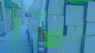 Beyaz teslimatçı hakkında veri işleme, kıdemli erkek işçiyle tokalaşıyor. lojistik ve ulaşım sektörü kavramı