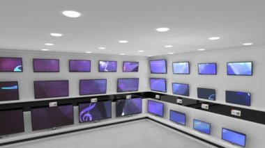 Elektronik mağazasının içinde senkronize video birden fazla televizyon ekranında oynuyor. elektronik ve perakende ticaret teknolojisi kavramı