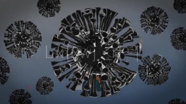 Coronavirus metni çoklu covid-19 hücreleri üzerinde mavi gradyan zemin üzerinde yüzüyor. Coronavirus covid-19 salgın konsepti