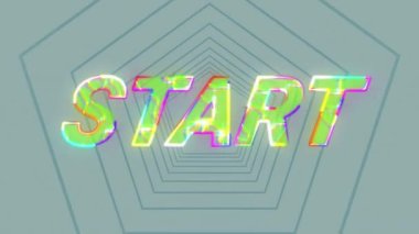 Gri arkaplanda pürüzsüz bir hareketle mavi altıgenlere karşı başlatılan metin üzerinde elektrik etkisi. Video oyunu arayüzü ve teknoloji kavramı