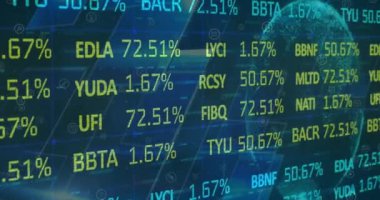 Tüm dünyada istatistik ve veri işleme animasyonları. küresel iş, dijital arayüz ve teknoloji konsepti dijital olarak oluşturulmuş video.