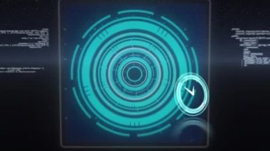 Neon dijital saat yuvarlak tarayıcıya ve mavi arkaplanda veri işlemesine karşı işliyor. bilgisayar arayüzü ve teknoloji kavramı