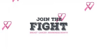 Beyaz arka planda beliren göğüs kanseri metninin üzerine düşen çoklu pembe kurdele logosu animasyonu. Göğüs kanseri pozitif farkındalık kampanyası konsepti dijital olarak üretildi.