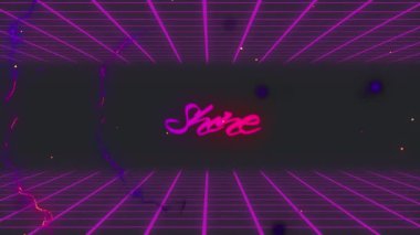 Mor şebeke ve hareket eden bulut üzerinde parlak metin animasyonu. Sosyal medya ve iletişim konsepti dijital olarak oluşturulmuş video.