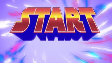 Başlangıç metninin dijital animasyonu mor arkaplandaki renkli dijital dalgalara karşı. Video oyunu arayüzü ve teknoloji kavramı